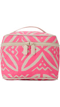 Load image into Gallery viewer, ALOHA rectangular toiletry bag featuring a vibrant hot pink and cream tropical geometric print, contrasting cream double-zip closure with matching ALOHA zipper pulls, and a coordinating top carrying handle.

