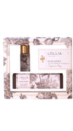 Lollia Elegance fragrance gift set featuring a small glass bottle with a gold cap, a boxed item, and a matching floral-patterned box on a white background.