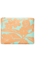 Load image into Gallery viewer, Floral patterned pouch with orange flowers on a light blue background
