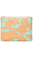 Floral patterned pouch with orange flowers on a light blue background