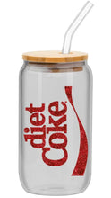 Load image into Gallery viewer, A clear glass can-shaped tumbler with a bamboo lid and clear angled straw, featuring a red glittery 'diet Coke' logo on the front.
