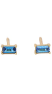 A pair of gold stud earrings featuring rectangular blue gemstones in a bezel setting, shown against a plain white background.