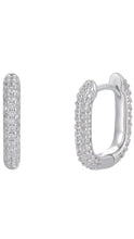 Load image into Gallery viewer, A pair of silver huggie hoop earrings paved with clear cubic zirconia stones, shown from both front and side angles on a plain white background.
