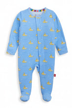 Load image into Gallery viewer, Onesie with blue ocean background and yellow submarines throughout.
