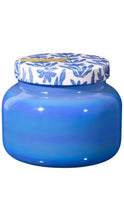 Load image into Gallery viewer, Blue jar with a patterned lid on a white background
