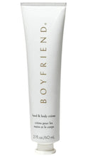 Load image into Gallery viewer, Boyfriend hand and body crème in a sleek white 2.1 oz. tube with minimalist gold and black lettering.

