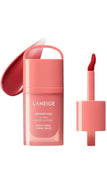 Coral pink Laneige Juicepop Box Lip Tint in the shade Disco Coral, shown with the applicator wand and a glossy swatch of the vibrant coral-red lip color against a white background.