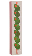 Load image into Gallery viewer, A tall, narrow rectangular matchbox featuring a stylized vertical row of green olives with red pits on a cream background, with a pink side panel striker visible on the left.
