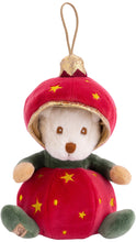 Load image into Gallery viewer, Plush teddy bear Christmas ornament dressed as a red holiday bauble with embroidered gold stars, green sleeves and feet, a matching ornament-shaped hat, and a gold hanging loop, shown against a white background.
