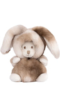 Load image into Gallery viewer, Soft plush teddy bear dressed in a fuzzy brown and cream bunny costume with oversized floppy ears, a rounded hood, and white paws and feet, shown against a white background.
