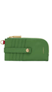 A green textured leather zip-around wallet with a horizontal strap closure, gold-tone snap button, and gold zipper pull, shown on a plain white background.