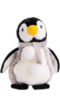 Load image into Gallery viewer, Plush penguin with black and white coloring, a bright yellow beak, soft gray textured sides, and a light gray scarf wrapped around its neck, shown against a white background.
