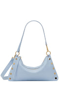 Load image into Gallery viewer, Light blue handbag with gold accents on a white background
