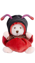Load image into Gallery viewer, A plush stuffed animal shaped like a white bear wearing a red hooded ladybug outfit and a black hat with pink and purple antennae, shown against a plain white background.
