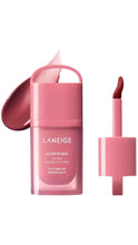 Load image into Gallery viewer, Pink Laneige Juicepop Box Lip Tint in the shade Lo-Fi Mauve, shown with the applicator wand and a glossy swatch of the muted mauve-rose lip color against a white background.
