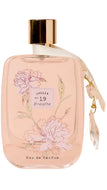 A clear glass perfume bottle filled with pale blush pink liquid, featuring a gold cap, a white ribbon, and pink floral illustrations on the front. The label reads 'LOVZIA No 19 Breathe' and 'Eau de Parfum'.