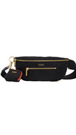 A black nylon fanny pack with gold-tone hardware, featuring a front zippered pocket, a detachable pouch with red lining, and a black adjustable strap, shown against a plain white background.