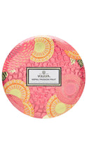 Load image into Gallery viewer, Round pink container with floral design and Voluspa logo on a white background
