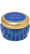 Load image into Gallery viewer, Capri Blue Artisan Volcano 3 oz candle in a blue geometric patterned tin with gold star accents and a metallic gold lid.
