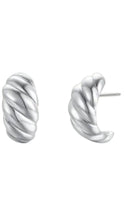 Load image into Gallery viewer, A pair of silver twisted cable hoop earrings on a plain white background, showing both the front twisted view and the side profile with a post.
