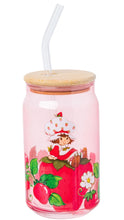 Load image into Gallery viewer, A pink glass can-shaped tumbler with a bamboo lid and clear plastic straw, decorated with a strawberry-themed illustration featuring a character on a red strawberry and green leaves.

