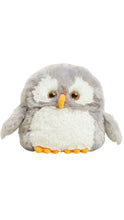 Load image into Gallery viewer, Plush owl toy with gray and white fur on a white background
