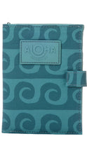 Load image into Gallery viewer, A teal and dark teal patterned wallet with a central embossed 'ALOHA' patch and a side strap closure, shown on a plain white background.
