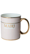 A white ceramic mug with vertical pink stripes, gold trim, and the name 'MAHJ' printed in gold on the front, shown on a plain white background.