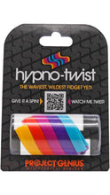 Load image into Gallery viewer, Project Genius Hypno-Twist fidget toy featuring colorful interlocking curved pieces in yellow, orange, pink, purple, and blue, displayed in black retail packaging.
