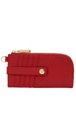 A red zip-around wallet with gold-tone hardware, featuring a front strap with a snap button closure and vertical stitched detailing, shown on a plain white background.
