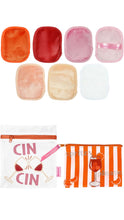Load image into Gallery viewer, A set of six small cloths in assorted colors and patterns, including solid orange, red, pink, peach, beige, and white, with two patterned pouches at the bottom featuring wine glass illustrations and the text 'CIN CIN'.

