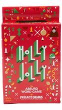 Load image into Gallery viewer, Holly Jolly Absurd Word Game by Project Genius in a bright red box decorated with playful Christmas icons, including candy canes, ornaments, holly, bells, gifts, snowflakes, and a reindeer.
