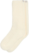 Load image into Gallery viewer, Pair of soft, fuzzy crew socks in a warm ivory cream with a subtle ribbed texture and small branded tabs at the cuffs.
