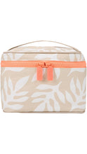 Load image into Gallery viewer, ALOHA rectangular toiletry bag featuring a neutral beige and white tropical leaf print, a contrasting coral pink double-zip closure with ALOHA zipper pulls, and a coordinating beige top carrying handle.

