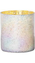 Load image into Gallery viewer, Iridescent white glass candle vessel with a shimmering textured finish and metallic gold interior, creating an elegant, luminous look.
