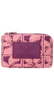 Pink wallet with leaf pattern and 'Aloha' label on a white background