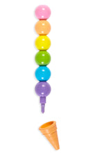 Load image into Gallery viewer, A vertical stack of seven colorful spherical beads in pink, orange, yellow, green, blue, purple, and a purple tip, shown above an orange cone-shaped accessory on a plain white background.
