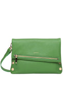 Load image into Gallery viewer, A green pebbled leather clutch bag with a front zip pocket, gold-tone hardware, and a matching wristlet strap, shown against a plain white background.
