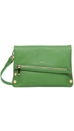 A green pebbled leather clutch bag with a front zip pocket, gold-tone hardware, and a matching wristlet strap, shown against a plain white background.