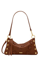 Load image into Gallery viewer, A brown leather shoulder bag with embossed floral details, gold-tone hardware, and a long shoulder strap, shown against a plain white background.
