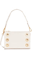 An off-white leather shoulder bag with gold-tone grommet details and a matching shoulder strap, shown against a plain white background.