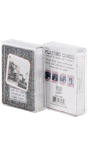 Load image into Gallery viewer, Two clear plastic storage cases holding printed playing cards, shown on a plain white background. One case is closed with a black-and-white photo card insert, and the other shows the back with text reading 'PLAYING CARDS' and a barcode.
