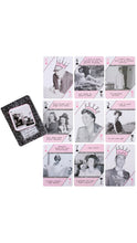 Load image into Gallery viewer, A set of novelty playing cards with pink and white suits, featuring black-and-white vintage portraits of couples with humorous captions, alongside a black glitter-backed card back on a white background.
