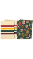 A set of two journals displayed side-by-side against a plain white background. The left notebook has horizontal stripes in cream, yellow, red, green, and dark brown. The right notebook has images of camping stickers.