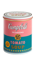 Load image into Gallery viewer, Andy Warhol's Campbell's Soup 18 Crayons art print can, featuring a pink and teal design with yellow text and stars, on a white background.
