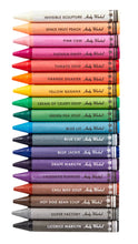 Load image into Gallery viewer, A vertical stack of 24 Andy Wood brand crayons in various colors, each labeled with its unique colo name on the tip.
