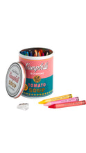 Load image into Gallery viewer, Campbell's Soup themed crayon tin container with a matching lid, shown open with 18 colorful crayons inside and three loose crayons placed in front on a white background.
