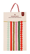 Packaged set of 6 crepe paper party garlands in assorted festive colors, including red, green, pink, gold, and mint green, shown on its cream-colored retail card with a red hanging loop.