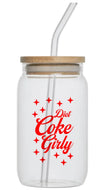 Clear glass jar with wooden lid and straw, featuring 'Diet Coke Girly' text in red.