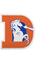 Load image into Gallery viewer, Vintage Denver Broncos logo pennant featuring a bold orange “D” with a white bucking bronco and blue detailing, shown against a white background.

